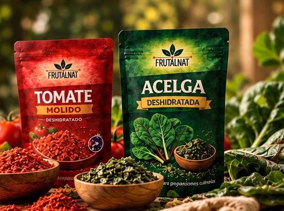 Tomate y acelga deshidratados Frutalnat junto a tomates y hojas frescas