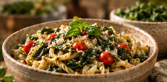 Pasta con acelga y tomate