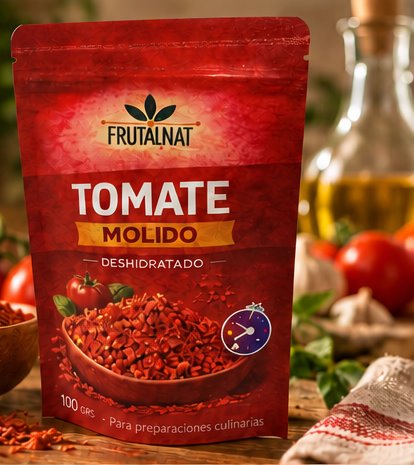 Empaque de tomate molido deshidratado Frutalnat con tomates frescos